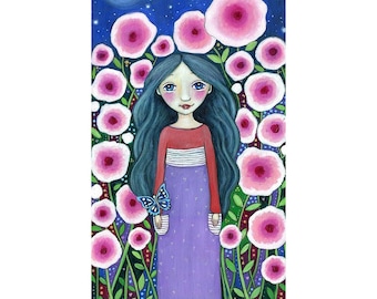 Girl and Butterfly Wall Art  - Midnight Garden Art Print  - Floral Print - Children's Room Art - Spiritual gift for Friend