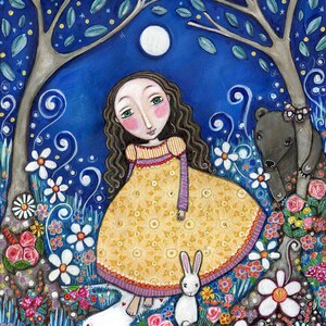 Girl bear rabbit large A3 art print secret garden girls room art nursery wall whimsical folk art forest woodland animals Secret Garden image 2