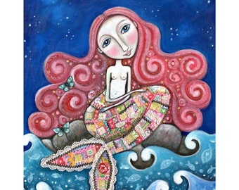 Red Hair Mermaid A3 art print, whimsical folk romantic wall decor women girl mermaid decor mixed media painting Mermaid wall Art