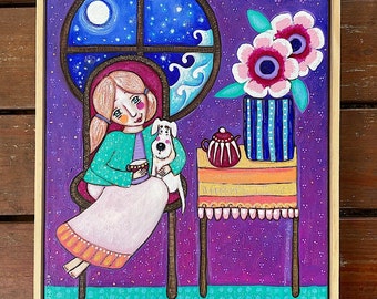 Girl and Dog Original textured interior folk art by Lindy Longhurst - “Starry Night”