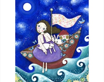 Girl and dog A3 art print house boat rabbit whimsical folk art naive art for kids wall art decor flying boat gift for friend - 'Sail Away'