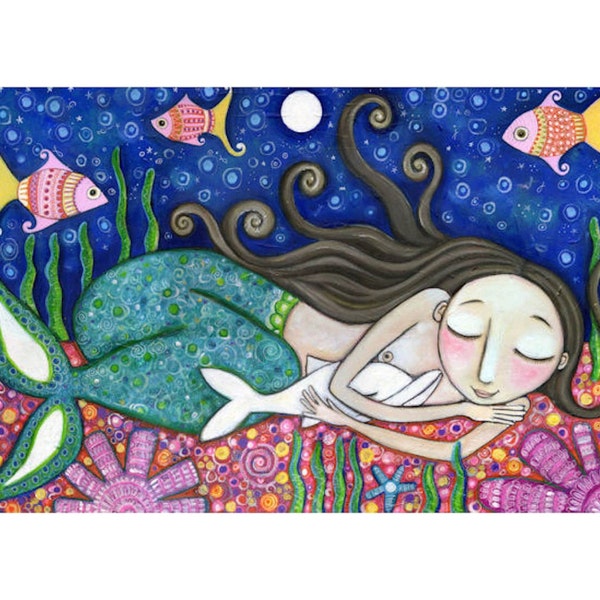 Mermaid and a Dolphin wall art print. Whimsical nursery A4 wall art. Gift for girl’s room.