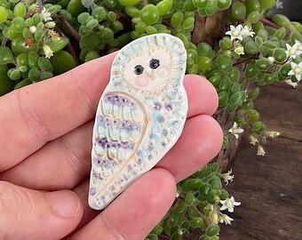 Pale green owl Ceramic Brooch, handmade clay bird pin by Lindy LONGHURST