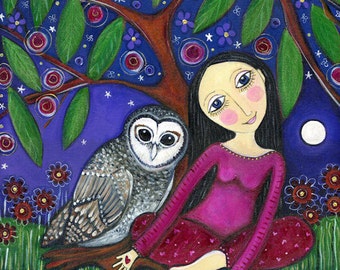 Girl and owl Art Print children's Room Decor kids wall art Nursery Art Print Whimsical Folk Art gift for friend
