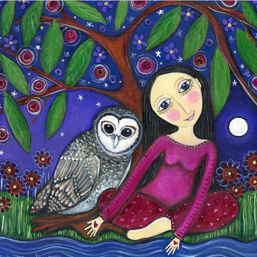 Girl and Owl Art Print Children's Room Decor Kids Wall Art Etsy