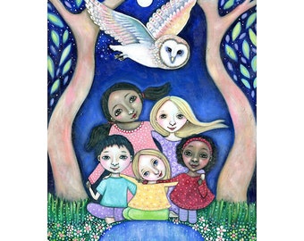 Owl totem wall art, Wisdom Circle Print, Owl Art Painting, Children's room Art, spiritual art Five Children and Owl gift for friend