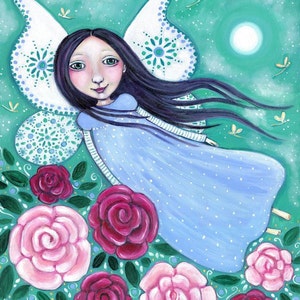 Arte de pared de jardín de rosas de hadas, imagen de hadas de habitación de niñas, póster impreso, arte de bebé para guardería, decoración de pared para niños, arte popular caprichoso