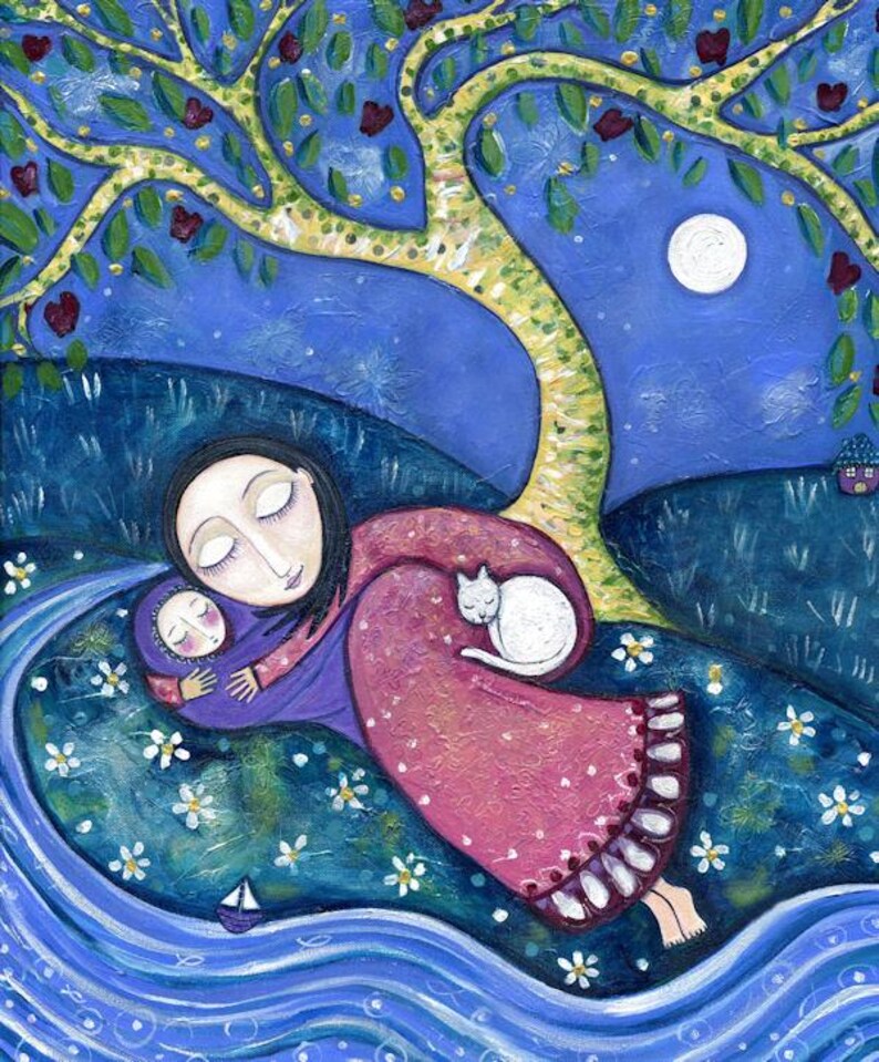 May include: A painting of a woman sleeping with a child and a cat under a tree with a full moon in the sky. The woman is wearing a pink dress and the child is wearing a purple blanket. The cat is white and is curled up next to the woman. The tree is yellow and green and has a blue and green background.