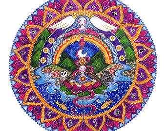 May include: A colorful mandala with a central image of a woman meditating on a lotus flower. The mandala is surrounded by a variety of symbols and images, including a crescent moon, a snake, and a pair of wings. The colors are vibrant and the design is intricate.