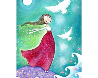 Girl and White Crane Wall Art  - Healing Art Print  - Crane Print - Children's Room Art - Spiritual gift for Friend