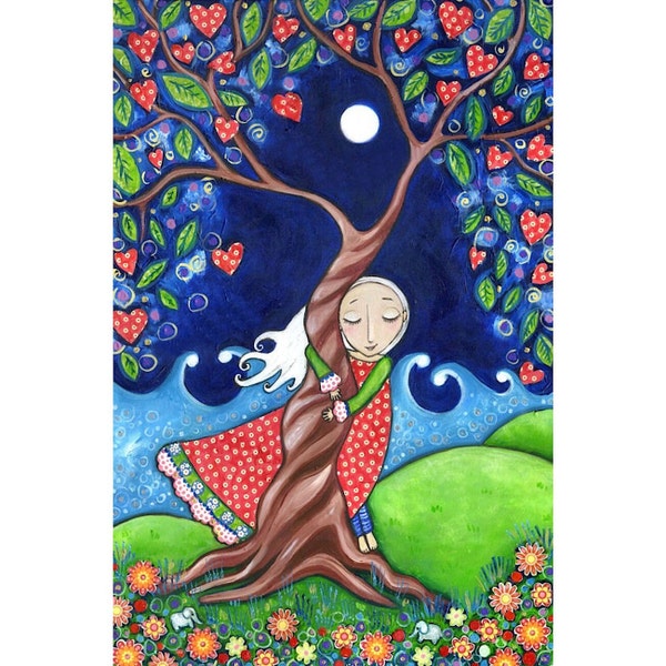 Tree hugger print folk art painting, womens wall art, tree of life, nursery decor whimsical kids room picture spiritual art  - "Kindred"