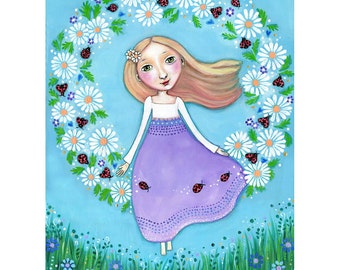 Girl and Lady bug Wall Decor, lady beetle Art, girls Nursery, daisy wall art girl with daisies Flower Art 12 x 16 Art Print Gift for Friend