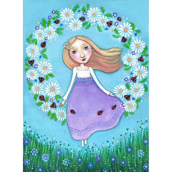 Girl and Lady bug Wall Decor, lady beetle Art, girls Nursery, daisy wall art girl with daisies Flower Art 12 x 16 Art Print Gift for Friend