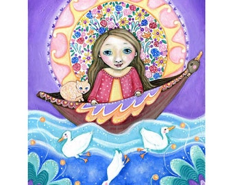 Girl and Cat Wall Art Print - Cute Duck Painting - Girl in a Boat Wall Decor - Art for Kids Nursery - Gift for friend