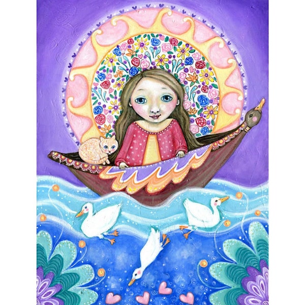 Girl and Cat Wall Art Print - Cute Duck Painting - Girl in a Boat Wall Decor - Art for Kids Nursery - Gift for friend