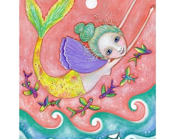 Flying Mermaid Wall Decor, Winged Mermaid Art Print, Mermaid Nursery Flying Fish Mermaid Art Mixed Media Painting Gift for Friend