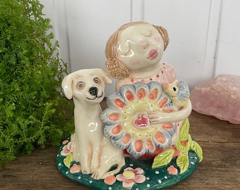 Ceramic Girl with Flower, Dog Bird, empath sculpture, Lindy Longhurst