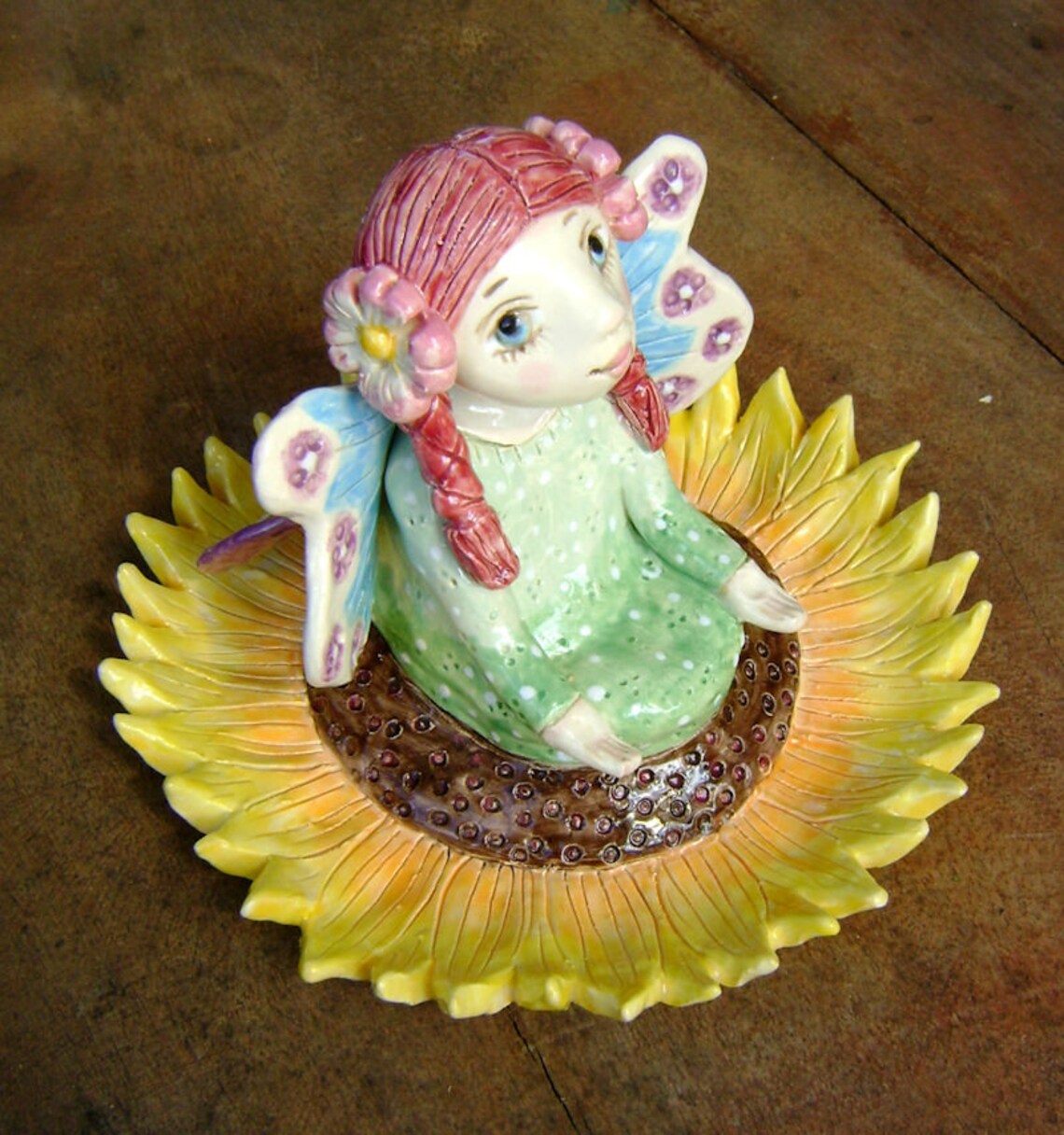 Ceramic Fairy Figurine sitting in a Sunflower Meditation Etsy