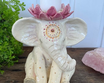 White Ceramic elephant candle holder with lotus, handbuilt ceramic sculpture by Lindy Longhurst