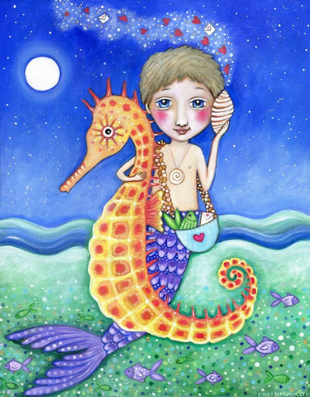 Boy Mermaid and Seahorse Art, Page of Cups Tarot Wall Art - Etsy