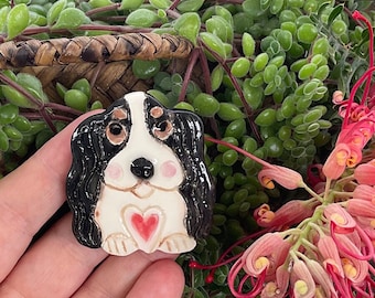 Cute Cavalier King Charles Spaniel Brooch, handmade clay dog brooch by Lindy LONGHURST