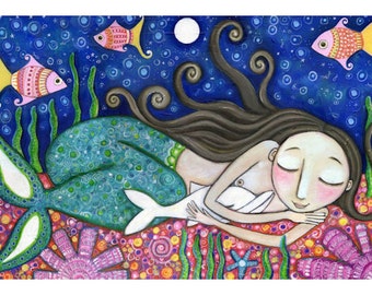 Sleeping Mermaid Art Print, Dolphin Wall Art, Girls Nursery Art, Children's Wall Decor Whimsical Folk Art Painting Mermaid Decor - 'Lullaby'