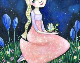 Praying Mantis with Blonde Girl Folk Art Print