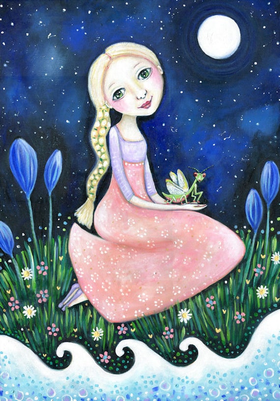 Praying Mantis With Blonde Girl Folk Art Print - Etsy