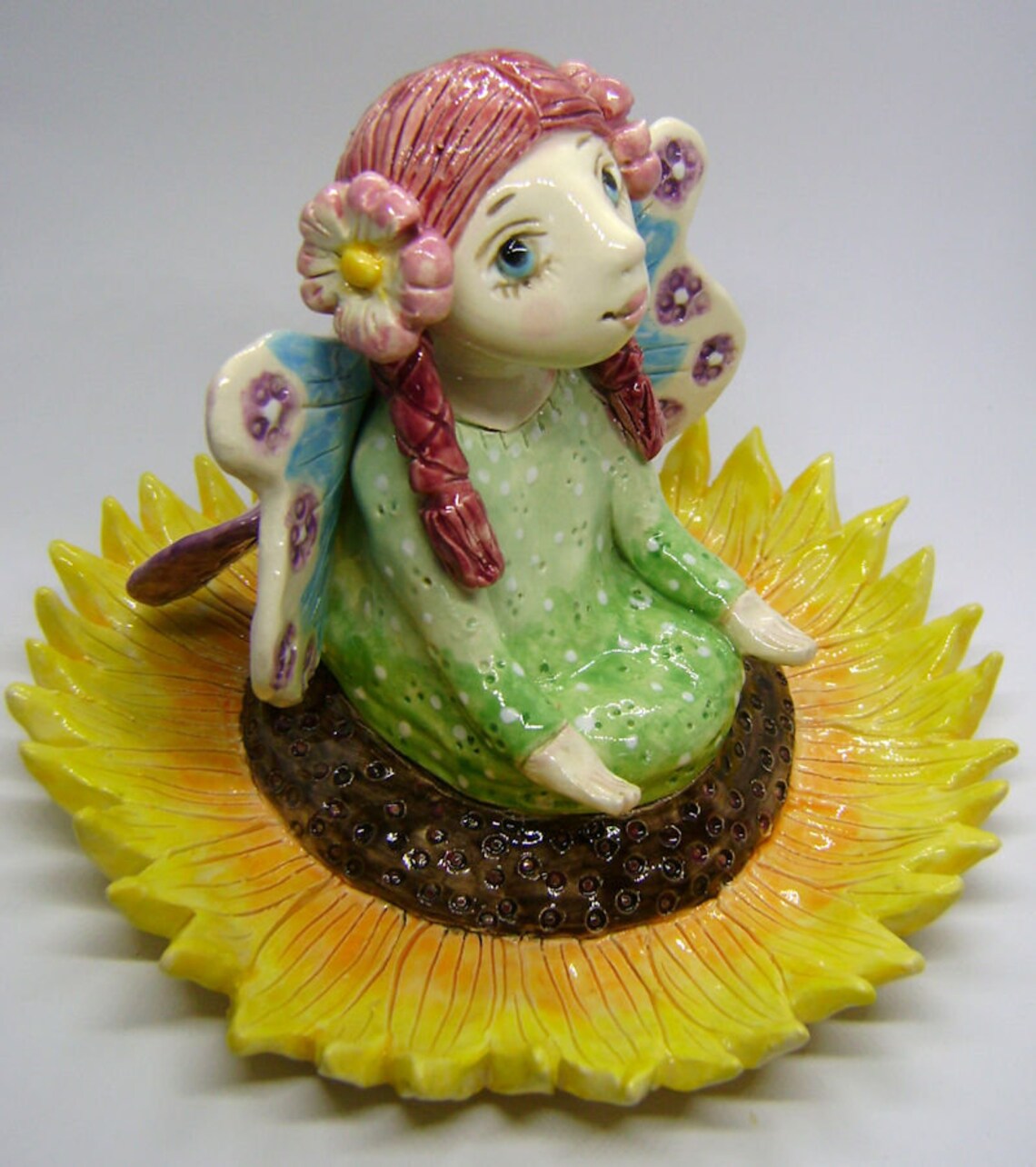 Ceramic Fairy Figurine sitting in a Sunflower Meditation Etsy