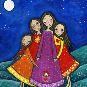 Four Sisters Print Inspirational Whimsical Folk Art Nursery Childrens Art Gift for Sister Best Friends Art 'Sisters In All Lifetimes' image 2