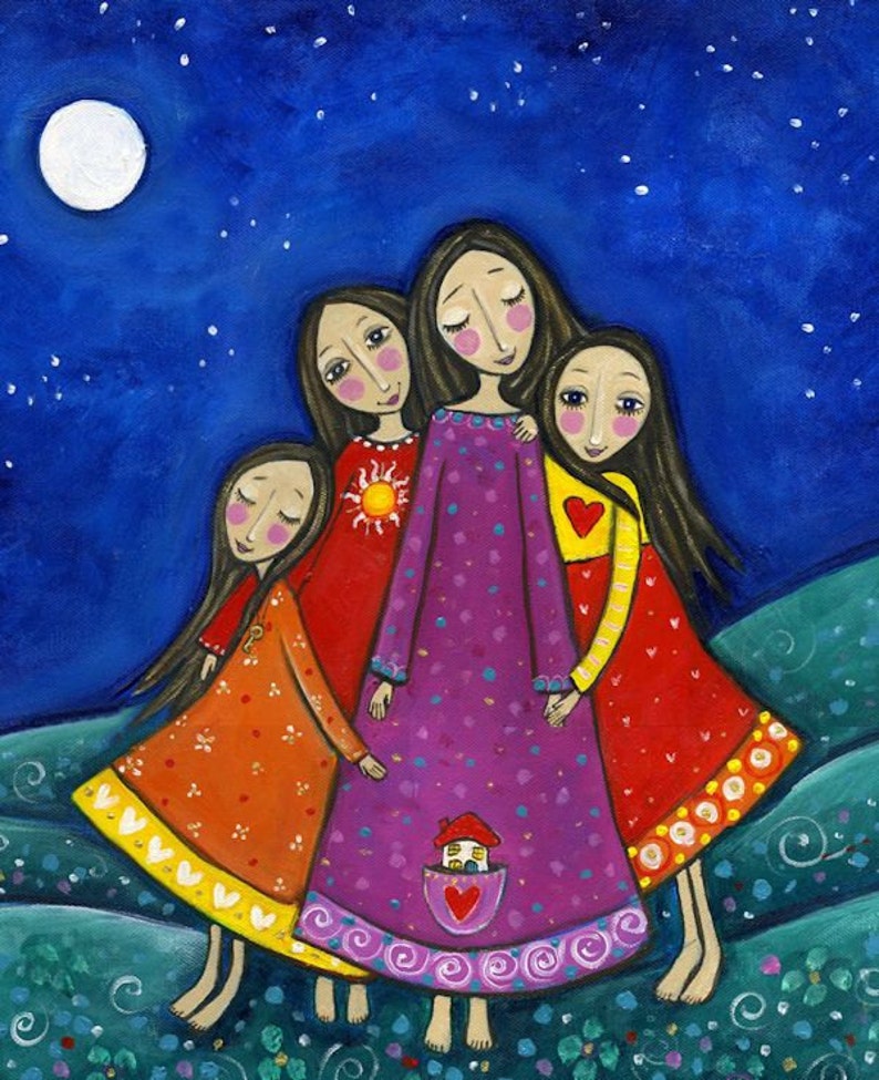 Four Sisters Print Inspirational Whimsical Folk Art Nursery Childrens Art Gift for Sister Best Friends Art 'Sisters In All Lifetimes' image 2