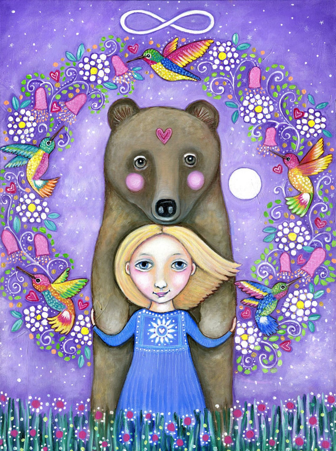 Hugging Hummingbird Girl and Bear Hugging Art Print - Hummingbirds Wall Decor - Etsy