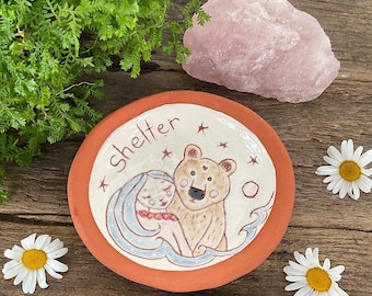 Bear and Girl ceramic trinket dish, shelter, landscape inspired ceramic art, Lindy