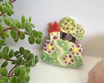 House on the Hill Ceramic Brooch, handmade clay house brooch by Lindy LONGHURST