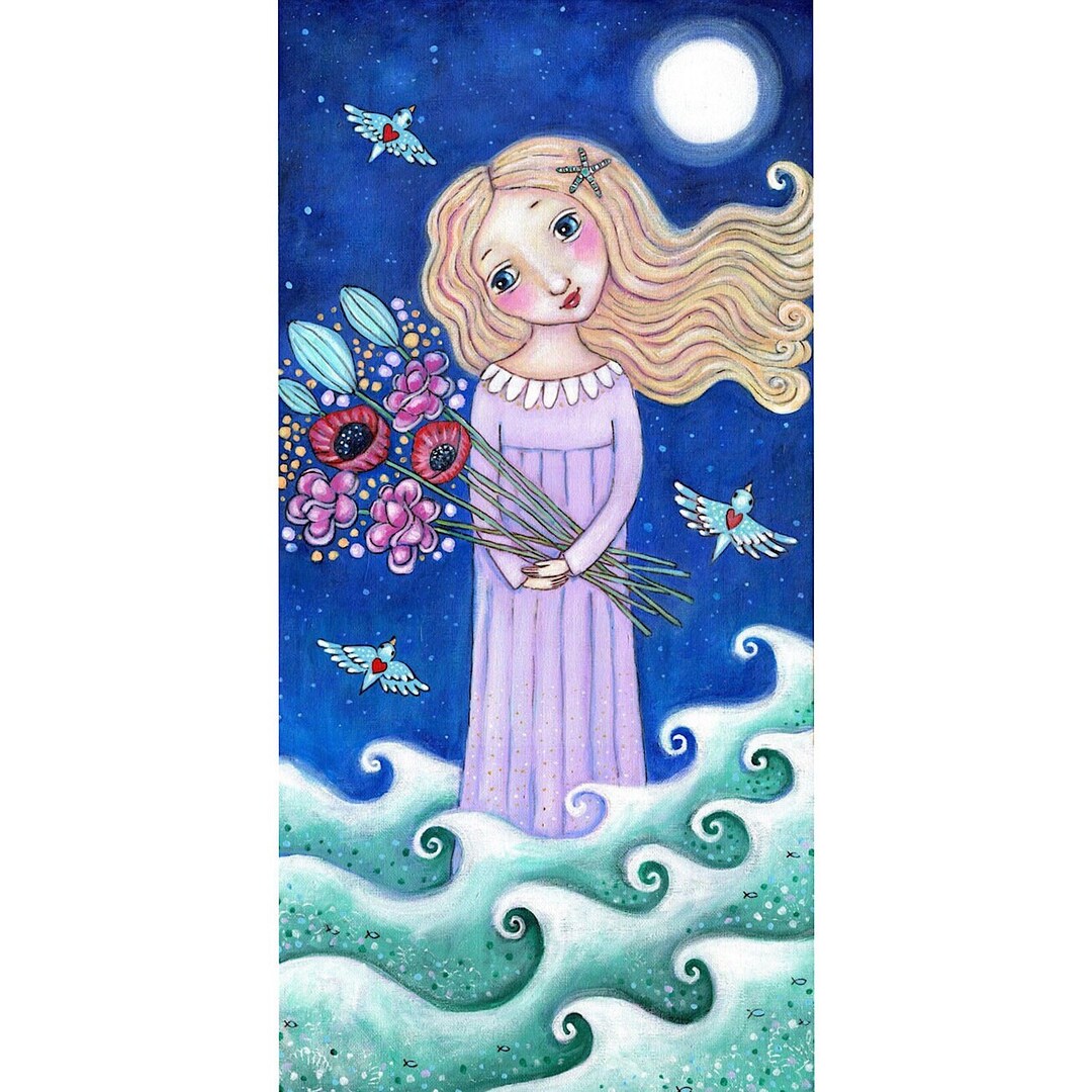 Girl and Bluebird Wall Art Healing Sun Art Print Floral Print Children's Room Art Spiritual Gift