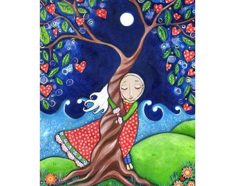 Tree hugger art print, folk art painting, womens wall art, tree of life nursery decor whimsical kids room picture spiritual art  - "Kindred"