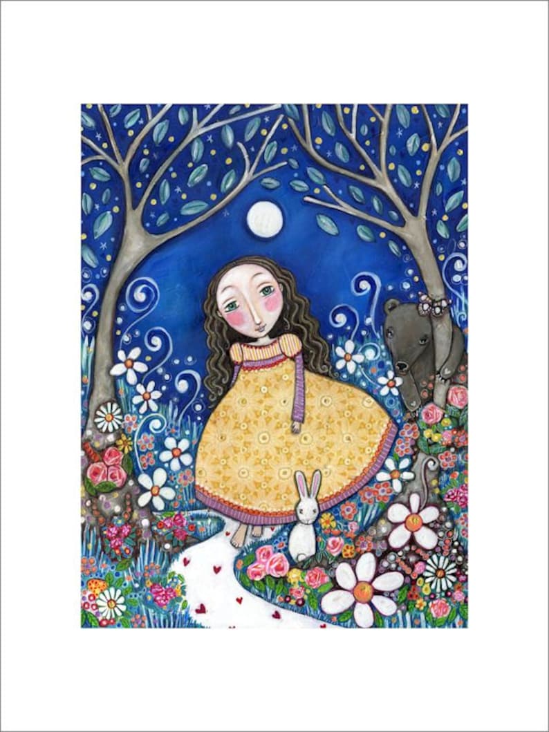 Girl bear rabbit large A3 art print secret garden girls room art nursery wall whimsical folk art forest woodland animals Secret Garden image 1