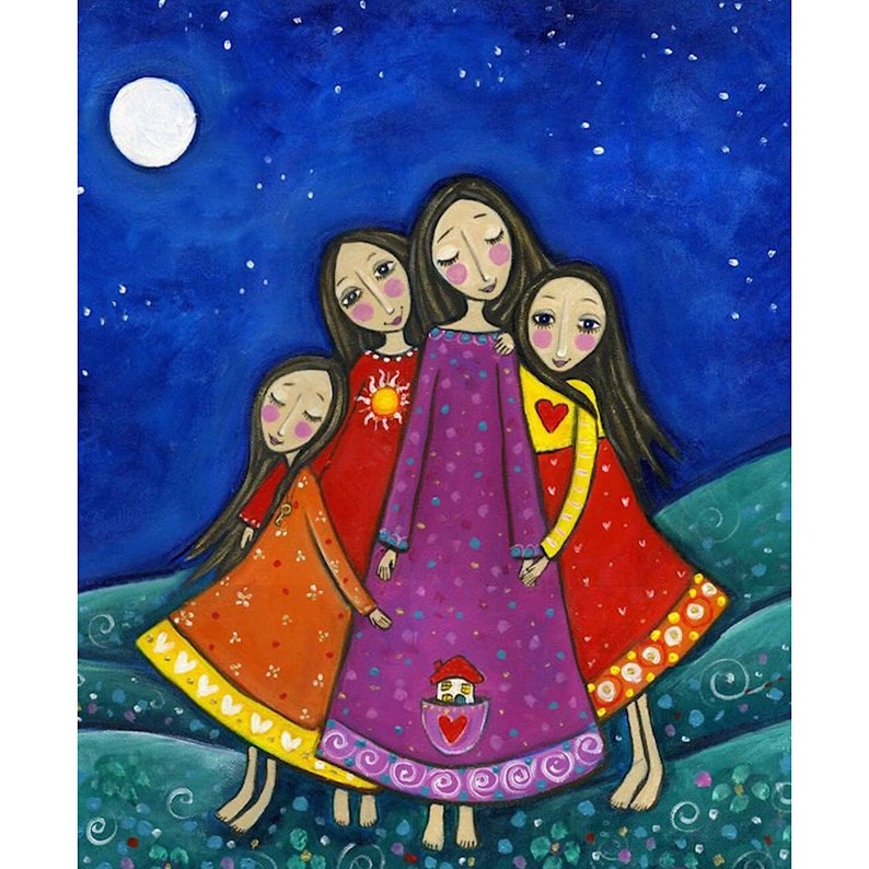 Four Sisters Print Inspirational Whimsical Folk Art Nursery Childrens Art Gift for Sister Best Friends Art 'Sisters In All Lifetimes' image 1