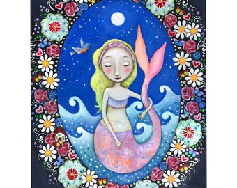 Mermaid Wall Decor, Mermaid Art Print, Mermaid for Nursery Blonde Hair Mermaid Flower Mermaid Art Mixed Media Painting Gift for Friend