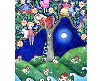 Kids in a Tree Art Print, Large Tree Art for Children, Whimsical Wall Art Print For Kids Room - 'Summer House'