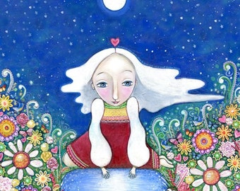 May include: A whimsical illustration of a seated figure with long white hair, a red dress, and a heart above their head, set against a starry blue sky. The figure sits on a blue cloud surrounded by colourful flowers and an owl.