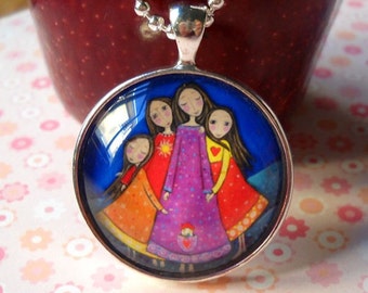 Set of 4 Four Sisters Art Pendants Necklace, Folk Art Jewelry