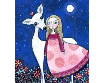 Childrens wall print folk art A3 print painting animal art white deer girl magical dream series mixed media childrens decor 'Deer Spirit"