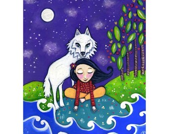 White wolf A3 art print girl whimsical folk fantasy childrens wall decor gift for wolf lover gift for friend - 'White Wolf"