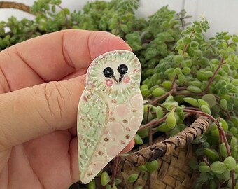 Green owl Ceramic Brooch, handmade clay bird pin by Lindy LONGHURST