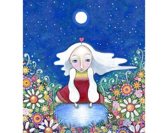 Visionary girl seer print, folk art painting, womens wall art, white hair wise women nursery decor whimsical kids room picture spiritual art