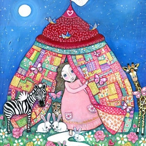May include: A girl in a pink dress stands in front of a colourful patchwork tent with a heart on top. The tent is decorated with butterflies and birds. A zebra with wings, a cheetah, and several white rabbits are in the scene. The tent has a flag that says "Magic".