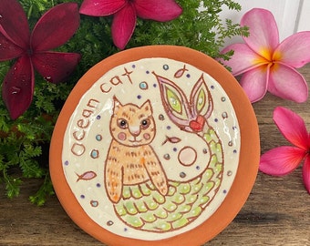 Mercat Cat  ceramic trinket dish, ocean cat, landscape inspired ceramic art, Lindy