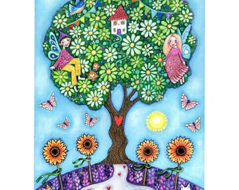 Tree of life Art Print, 4 of Wands Tarot, Art for Healing, Fairy tree, Unique Wall Art, Mermaid Gift for Friend