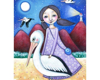 Girl and Pelican Wall Art, Pelican animal guide, Magic Pelican 12 x 16 Art Print Girls room wall decor Children's room Art gift for friend